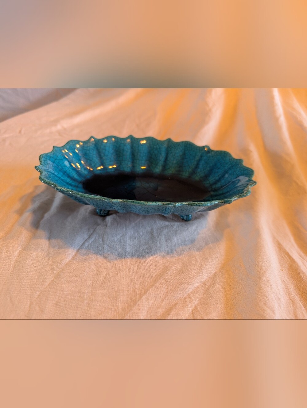 2/80$ Vintage Turquoise Crackle Ceramic Footed Dish